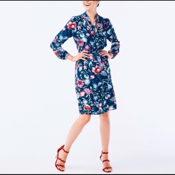 SOLD - J. Crew Navy Floral Neck Tie Dress - Picture 1 of 16